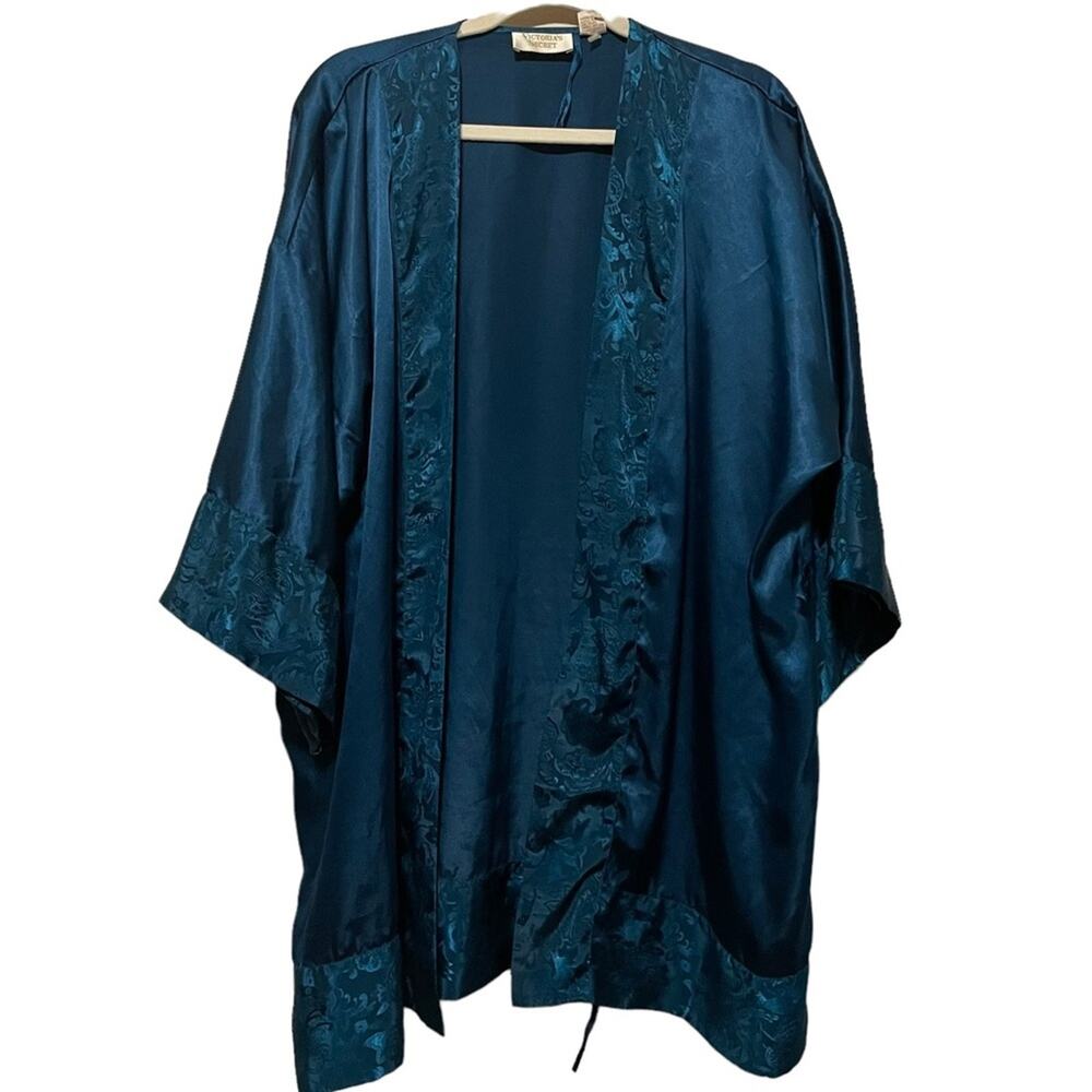 Vintage Victoria's‎ Secret Gold Label Emerald Green Satin Robe Floral Trim O/S